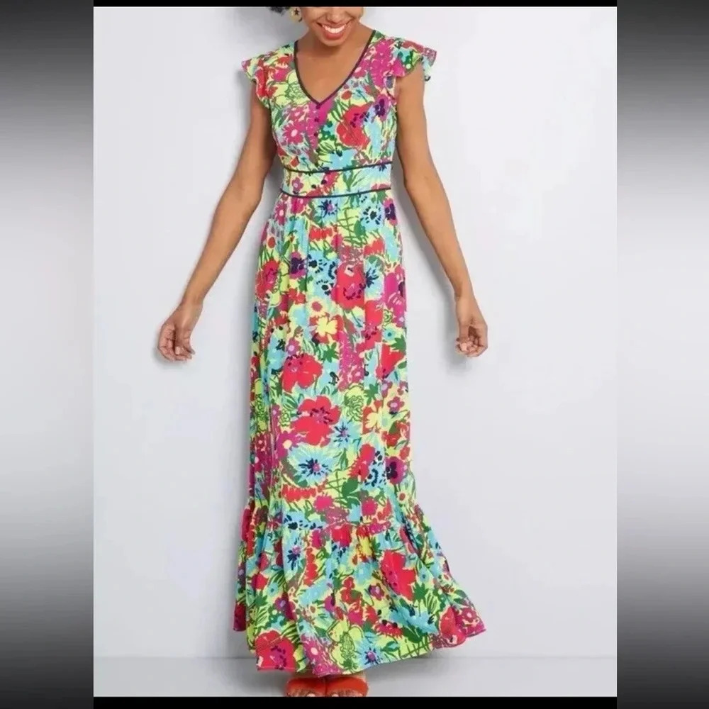 NWT ModCloth Eyes On You Bright Floral Maxi Dress Women's Size Large Blogger Fav